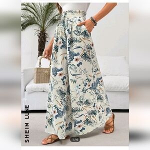 Floral Wide-Leg Pants - White and Green